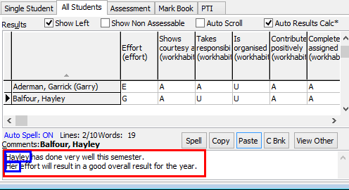 Student Results Maintenance - All Students tab (overall comment)