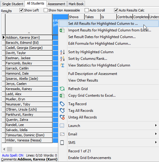 Student Results Maintenance - All Students tab (right click, Set All Results for Highlighted Column to, Entering results in bulk, step 3)