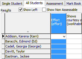 Student Results Maintenance - All Students tab (right click, Set All Results for Highlighted Column to, select col, light blue)