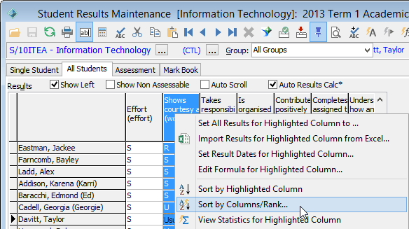 Sort student results right click menu