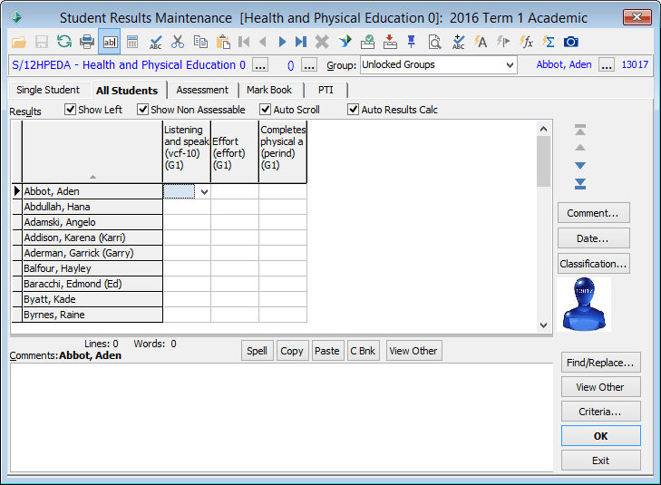 Student Results Maintenance - All Students tab