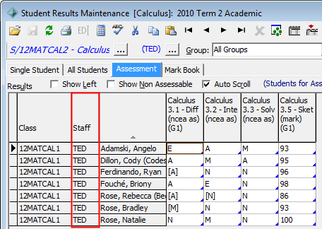 Student Results Maintenance - Assessment tab (Staff field highlighted)