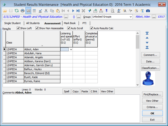 Student Results Maintenance - Assessment tab