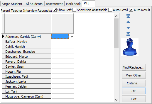 Student Results Maintenance - PTI tab (tab only, cut down)