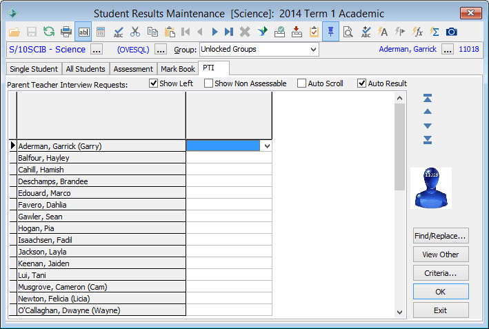 Student Results Maintenance - PTI tab