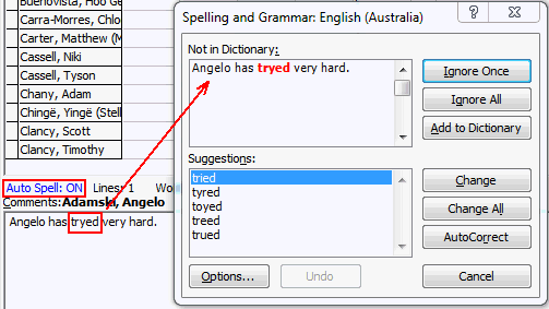 Student Results Maintenance - Single Student tab (autospell example)