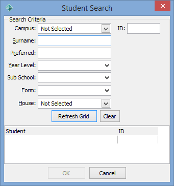 Student Search window