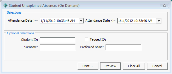 Student Unexplained Absences (On Demand) report selections