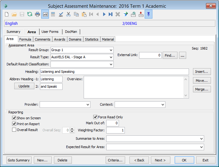 Subject Assessment Area Maintenance - Area tab - Area sub-tab (AusVELS example)