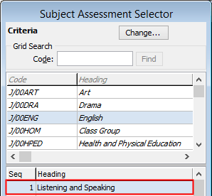Subject Assessment Area Maintenance - Area tab - Area sub-tab (Selecting AusVELS subject assessment)