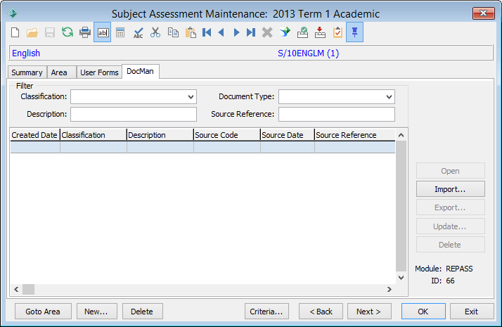 Subject Assessment Area Maintenance - DocMan tab
