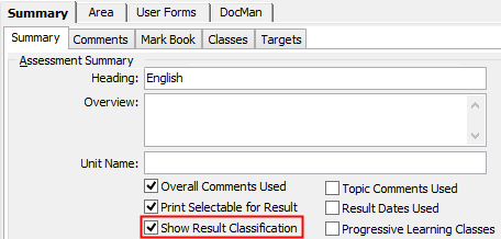 Subject Assessment Area Maintenance - Summary tab - Summary sub-tab (cut down, Show Result Classification highlighted)
