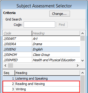 Subject Assessment Are Maintenance - Area tab - Area sub-tab (Remaining subject assessment areas)