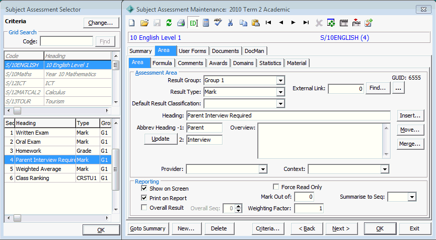 Subject Assessment Maintenance (including selector, after insert area example)