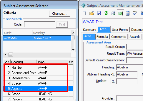 Subject Assessment Maintenance (WAAR area example)