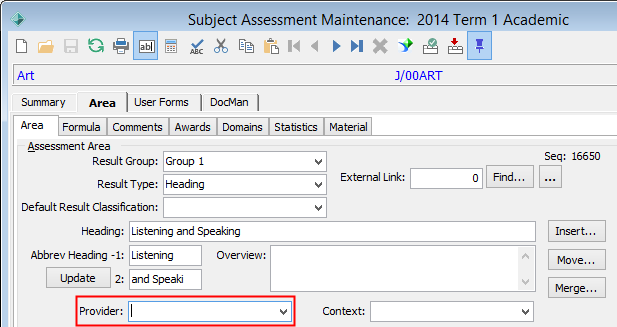 Subject Assessment Maintenance - Area tab - Area sub-tab (Provider field highlighted)