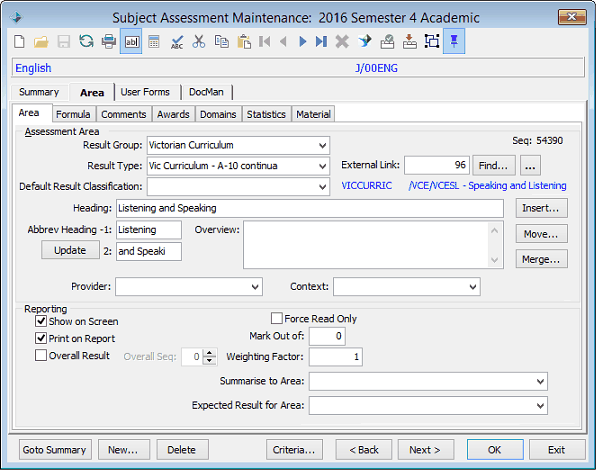 Subject Assessment Maintenance - Area tab - Area sub-tab (VICURRIC)