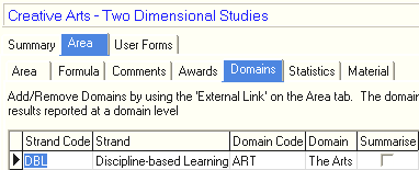 Subject Assessment Maintenance - Area tab - Domains sub-tab (cut down)