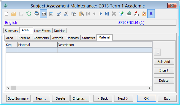 Subject Assessment Maintenance - Area tab - Material sub-tab