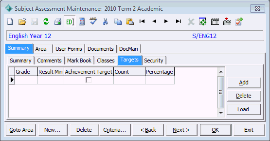 Subject Assessment Maintenance - Summary tab - Targets sub-tab