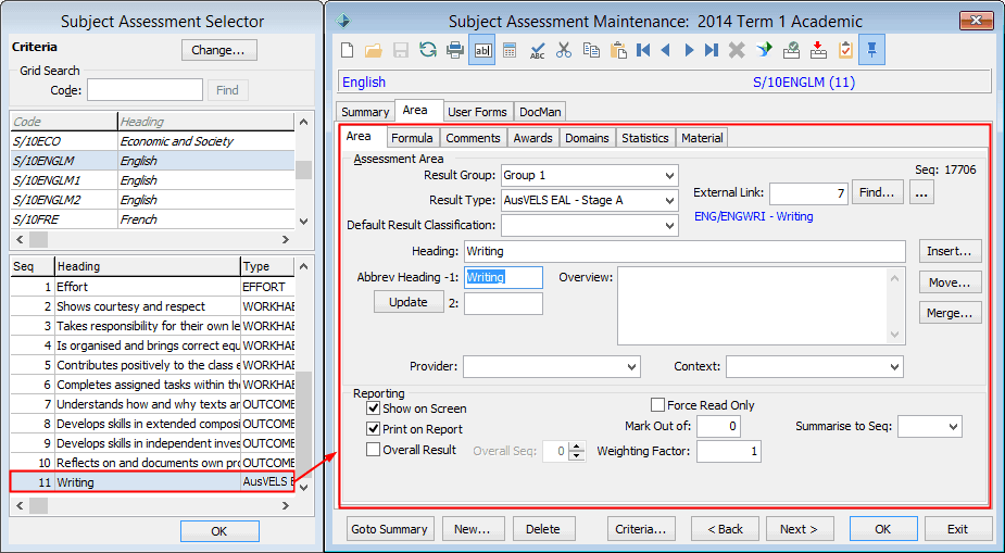 Subject Assessment Maintenance windows (Adding VELS area)