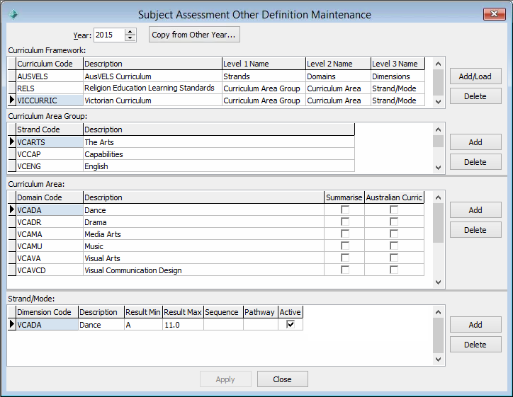 Subject Assessment Other Definition Maintenance (all frameworks, populated)