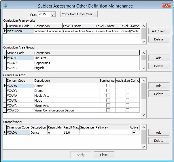 Subject Assessment Other Definition Maintenance (curriculum framework, populated)