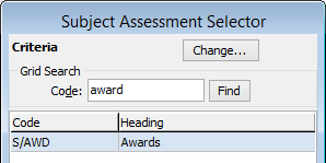 Subject Assessment Selector (awards example, cutdown)