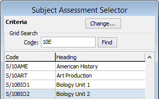 Subject Assessment Selector window (cut down)