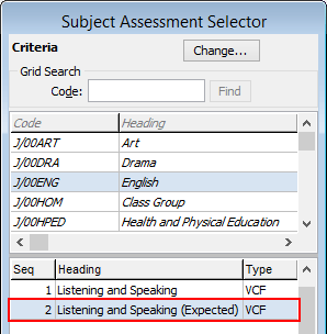 Subject Assessment Selector (Expected result area highlighted)