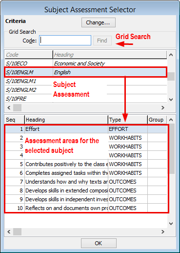 Subject Assessment Selector (highlighted)