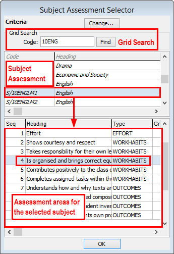 Subject Assessment Selector window