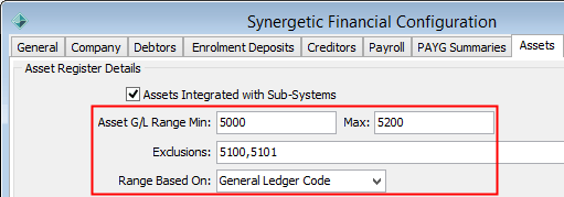Synergetic Financial Configuration - Assets tab (v64 fields)