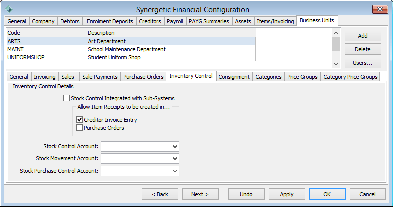 Finance Configuration Maintenance - Business Units - Inventory Control sub-tab