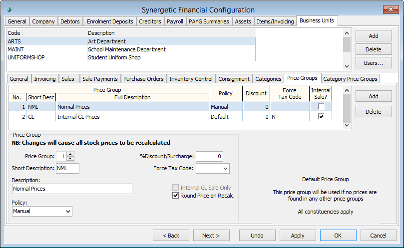 Synergetic Financial Configuration - Business Units - Price Groups sub-tab