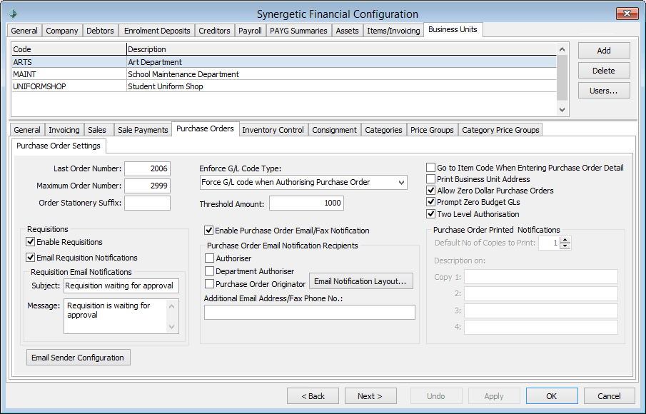 Synergetic Financial Configuration - Business Units tab - Purchase Orders sub-tab