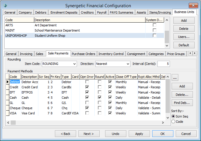 Finance Configuration Maintenance - Business Units - Sale Payments sub-tab