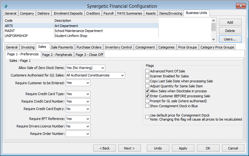 Finance Configuration Maintenance - Business Units - Sales sub-tab - Page 1 sub-sub-tab