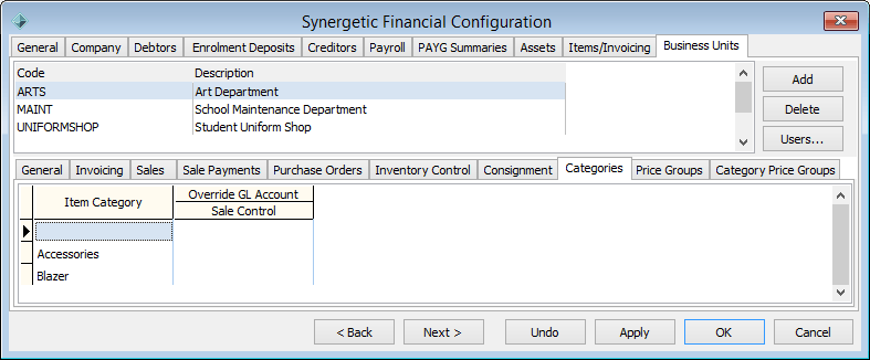Synergetic Financial Configuration - Business Units tab - Categories sub-tab