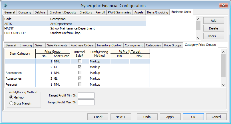 Synergetic Financial Configuration - Business Units tab - CategoryPriceGroups sub-tab