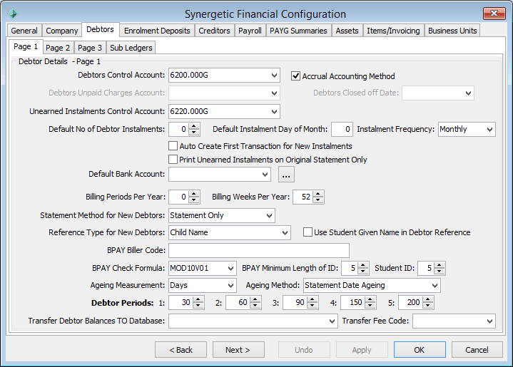 Finance Configuration Maintenance - Debtors tab