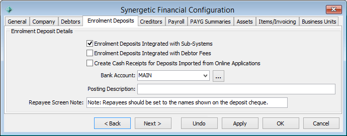 Synergetic Financial Configuration - Enrolment Deposits tab