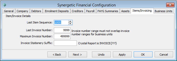 Finance Configuration Maintenance - Items/Invoicing tab