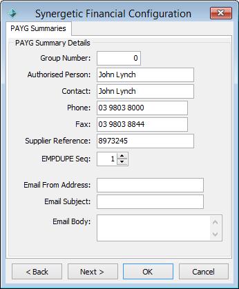 Synergetic Financial Configuration - PAYG Summary tab