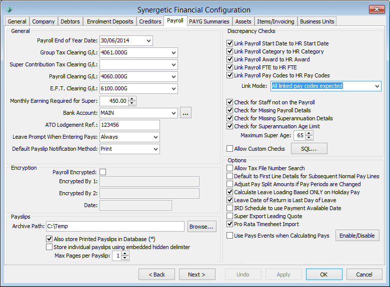 Synergetic Financial Configuration - Payroll tab (cut down)