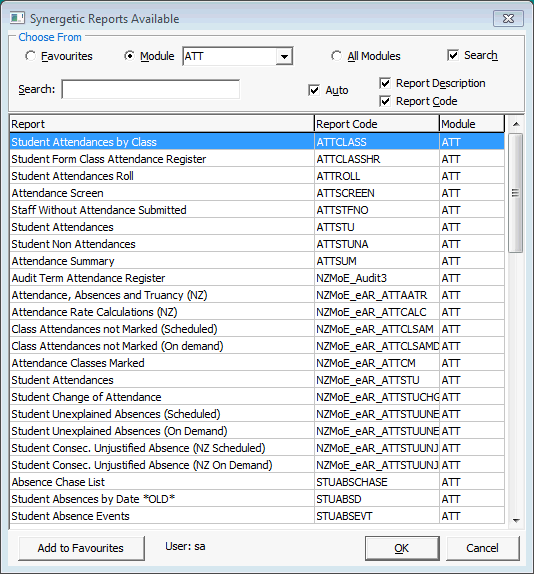 Synergetic Reports Available window (ATT)