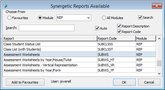Synergetic Reports Available window