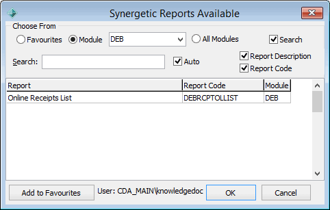 Synergetic Reports Available - debtors (Online Receipts List report)