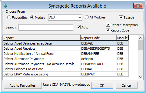 Synergetic Reports Available window - Debtors reports