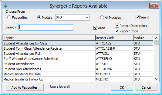 Synergetic Reports Available window